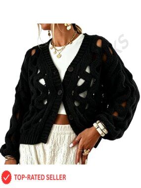 Crochet Cardigan Sweater for Women Hollow Out Chunky Knit Button Down